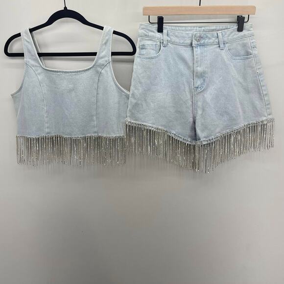 Women's Denim Short Set with Fringe - Picture 1 of 11